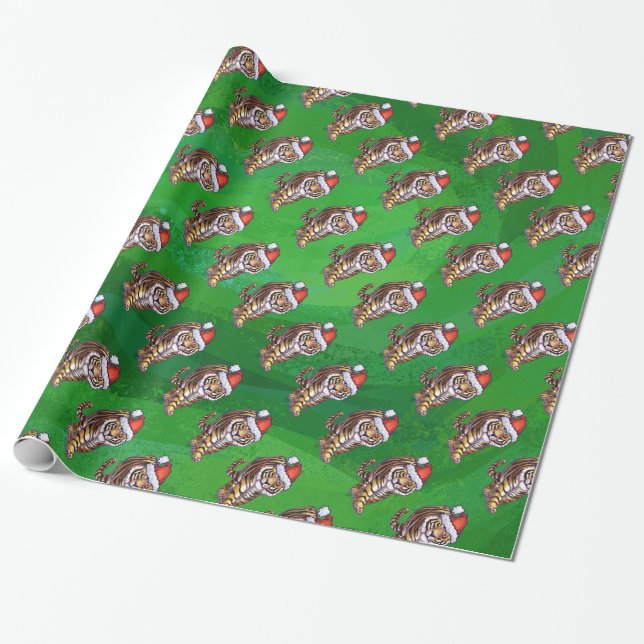 Tiger Christmas On Green Wrapping Paper (Unrolled)