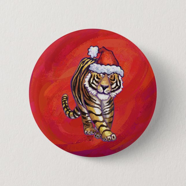 Tiger Christmas on Red 2 Inch Round Button (Front)