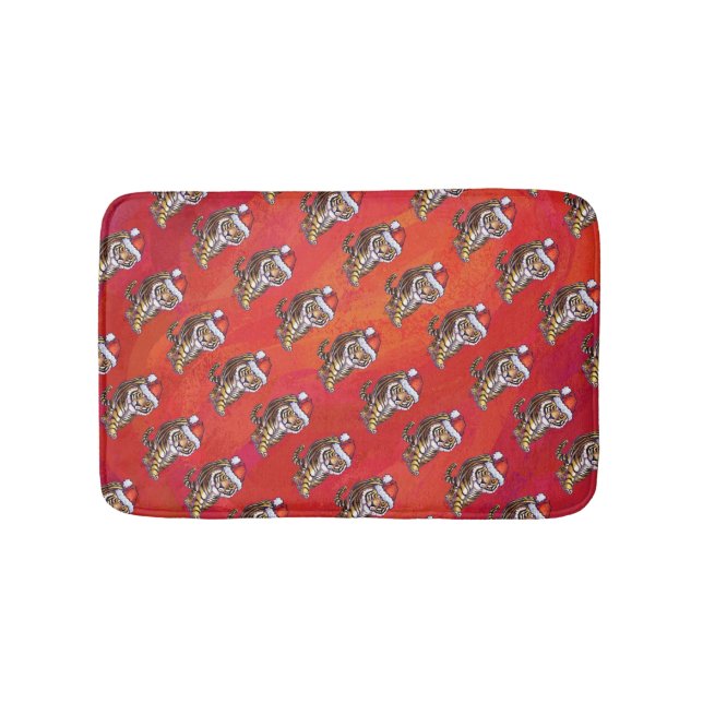 Tiger Christmas on Red Bath Mat (Front)