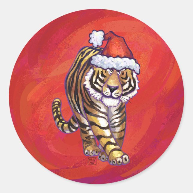 Tiger Christmas on Red Classic Round Sticker (Front)