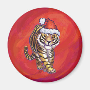Tiger Christmas on Red Magnet