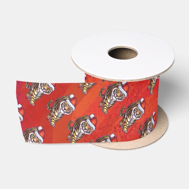 Tiger Christmas on Red Satin Ribbon (Spool)