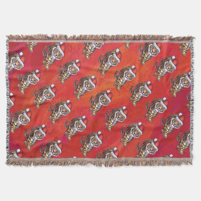 Tiger Christmas on Red Throw Blanket (Front)