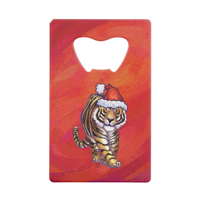 Tiger Christmas on Red Wallet Bottle Opener (Front)