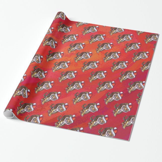 Tiger Christmas on Red Wrapping Paper (Unrolled)