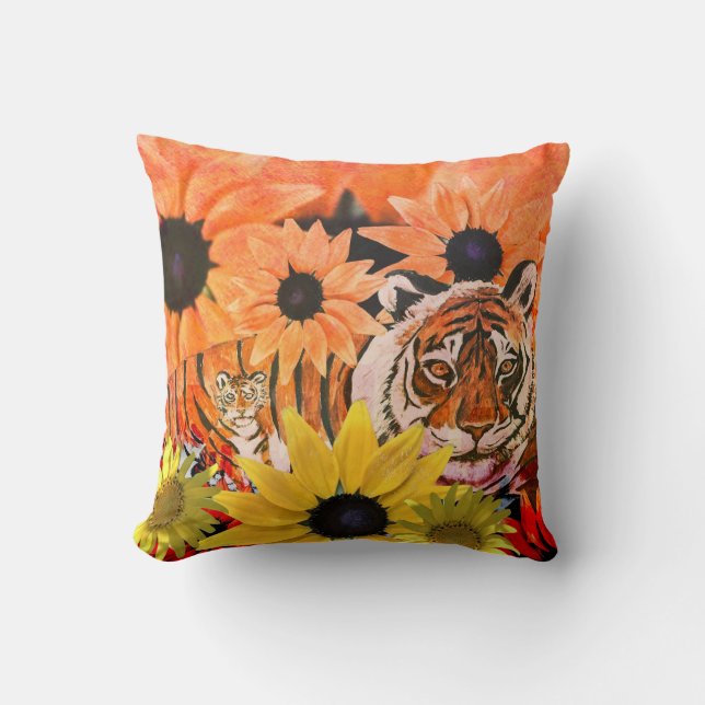 Tiger, Cub, Flowers and Orange Colours Throw Pillow (Front)