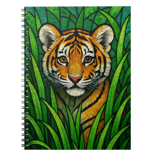Tiger cub in tall grass, stained glass digital art notebook (Front)