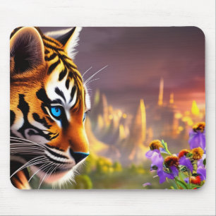 Tiger Cub,  Purple Flowers  Mouse Pad