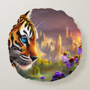 Tiger Cub,  Purple Flowers   Round Pillow