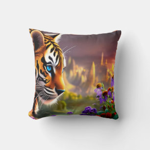 Tiger Cub,  Purple Flowers    Throw Pillow