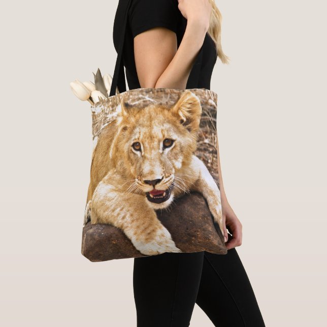 Tiger Cub Takes Breather On A Rock Tote Bag (Close Up)