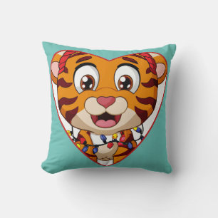 Tiger cub wrapped in Christmas lights cute cartoon Throw Pillow