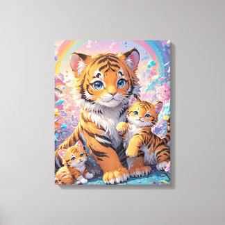 Tiger & Cubs Animated Cute Pastel  Canvas Print