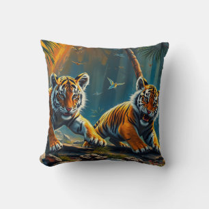 Tiger Cubs in Magical Jungle Throw Pillow