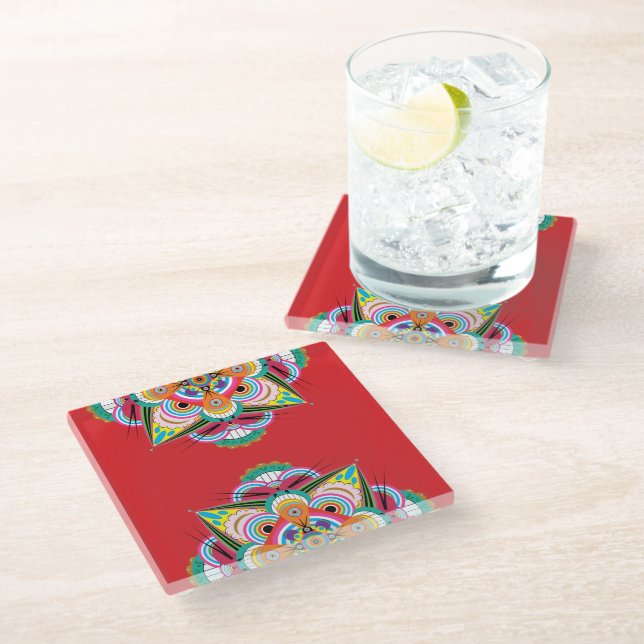 Tiger Dragon Mandala Glass Coaster (Angled)
