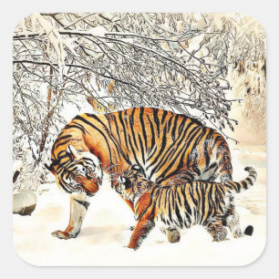 Tiger et son bébé Sticker Snowy Woods Jour d'hiver
