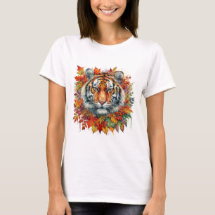 Tiger Face Among Fall Leaves T-Shirt