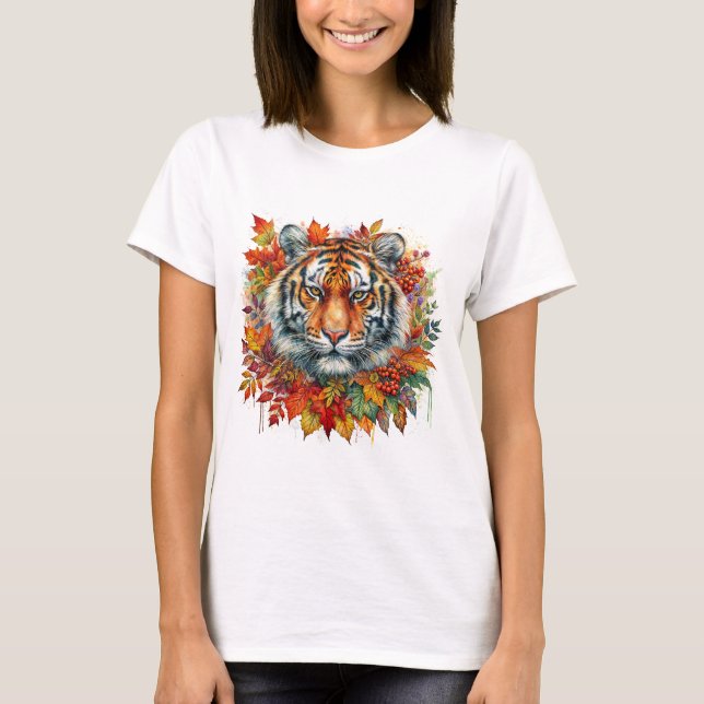 Tiger Face Among Fall Leaves T-Shirt (Front)
