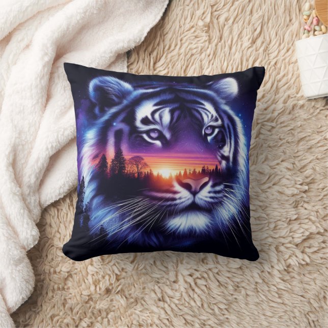 Tiger Face and Scenic Sunset Landscape Throw Pillow (Blanket)