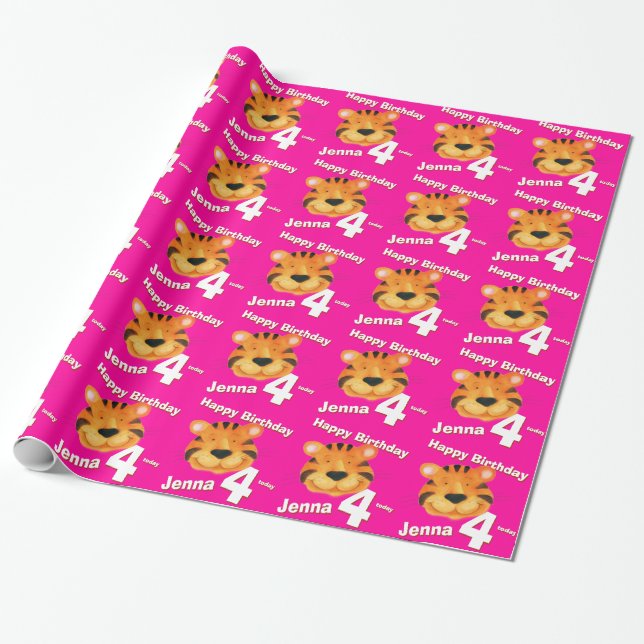 Tiger face art and name 4th birthday wrap wrapping paper (Unrolled)