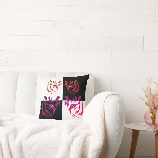Tiger Face Black & White Check Throw Pillow (Couch)