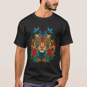 Tiger Face Head Colourful Mandala Wildlife Flowers T-Shirt