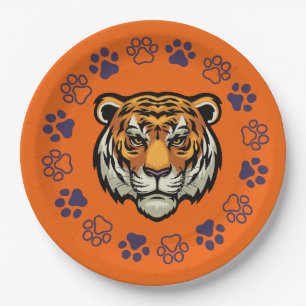 Tiger Face Paper Party Plates Orange & Blue