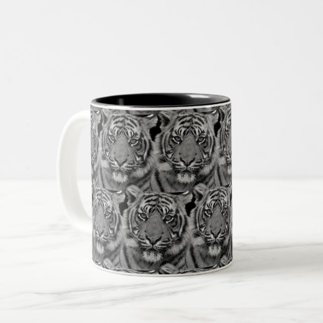 Tiger Face Pattern in Grey Shades Two-Tone Coffee Mug (Front Left)