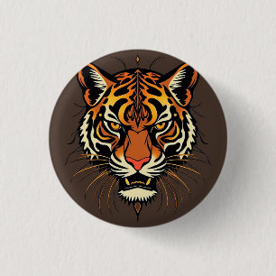 Tiger Face with Tribal Patterns 1 Inch Round Button