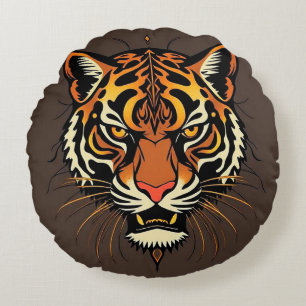 Tiger Face with Tribal Patterns Round Pillow