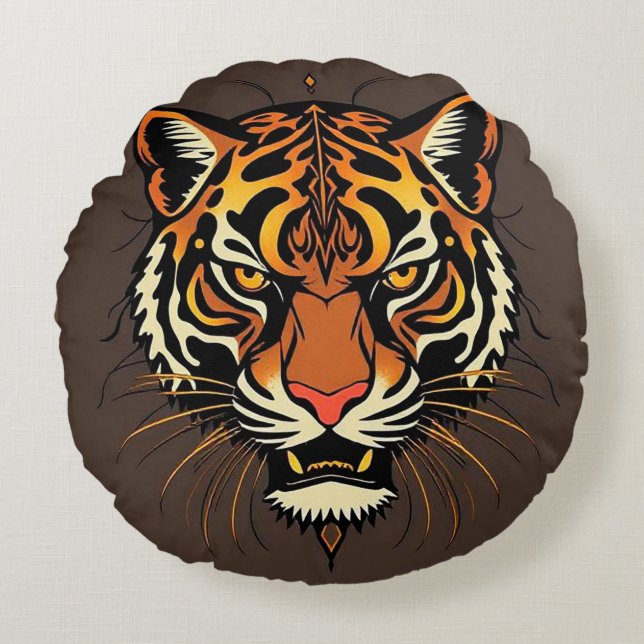 Tiger Face with Tribal Patterns Round Pillow (Front)