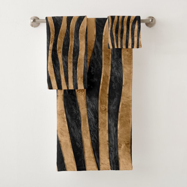 Tiger Faux Fur Texture black abalone and gold Bath Towel Set (Insitu)