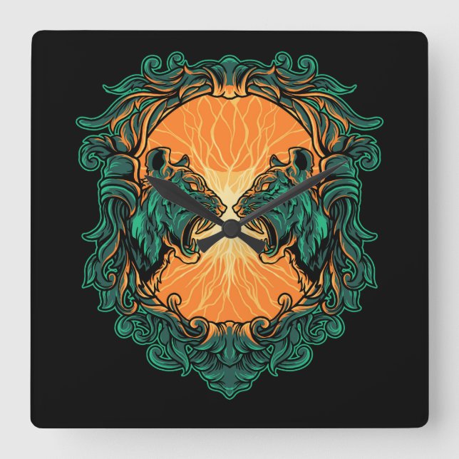 Tiger Fight Square Wall Clock (Front)