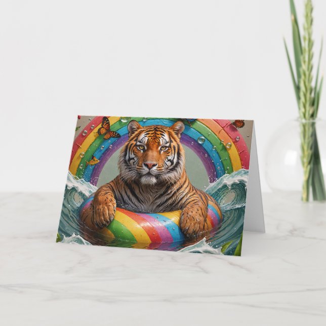 Tiger Floating on a Summer Day Rainbow Card (Front)