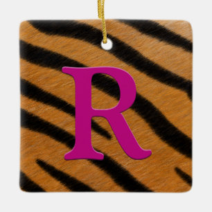 Tiger Fur Personalized Monogram & Message Magenta Ceramic Ornament