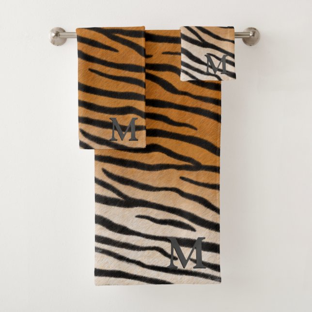Tiger Fur Realistic Animal Print Grey Monogram Bath Towel Set (Insitu)