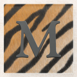 Tiger Fur Realistic Animal Print Monogrammed Glass Coaster