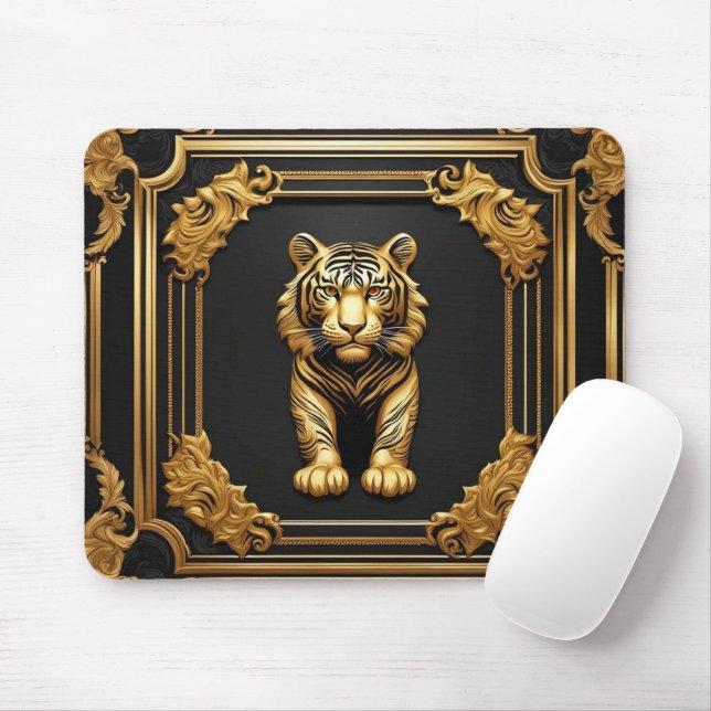 Tiger gold and black ornamental frame mouse pad (With Mouse)