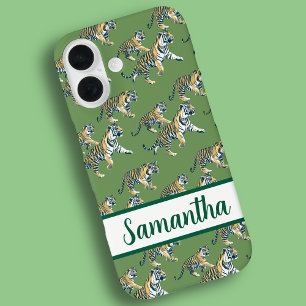 Tiger Green Pattern Personalized name iPhone 16 Case