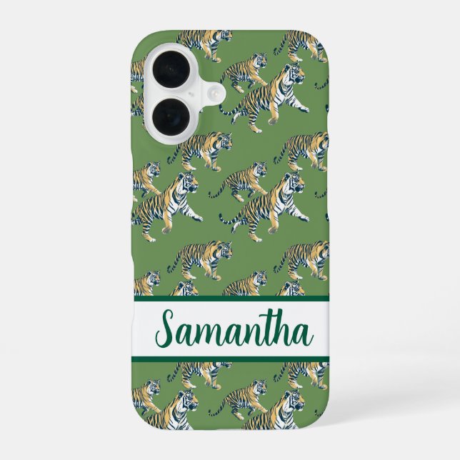 Tiger Green Pattern Personalized name iPhone 16 Case (Back)