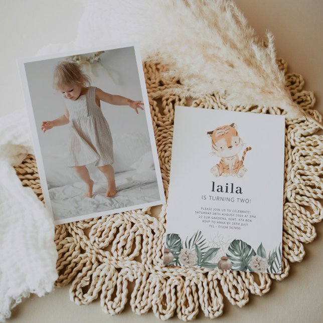 Tiger Greenery Floral Photo Birthday Invitation (Creator Uploaded)