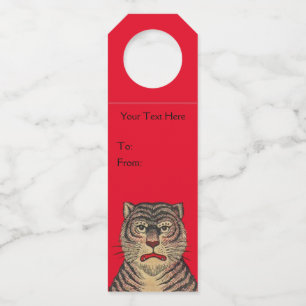 Tiger Head Black Stripes Fierce Face Vibrant Red Bottle Tag