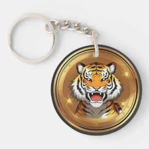 Tiger Head Emblem on a Golden Circular Background Keychain