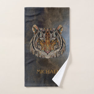 Tiger Head, Face, Leather Look Bath Towel Set