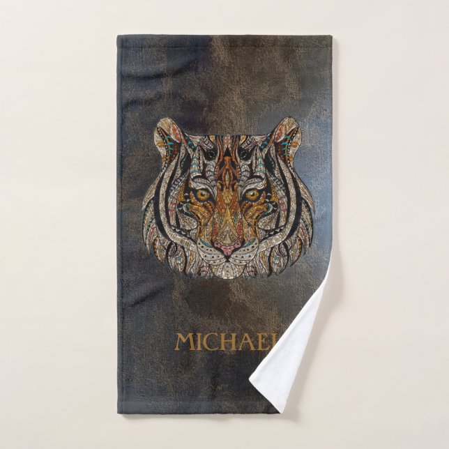 Tiger Head, Face, Leather Look  Bath Towel Set (Hand Towel)
