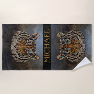 Tiger Head, Face, Leather Look   Beach Towel