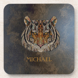 Tiger Head, Face, Leather Look Coaster