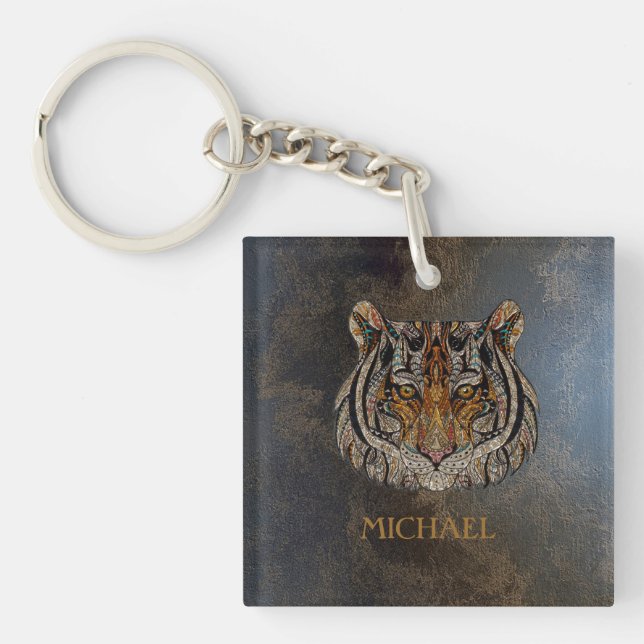 Tiger Head, Face, Leather Look   Keychain (Front)