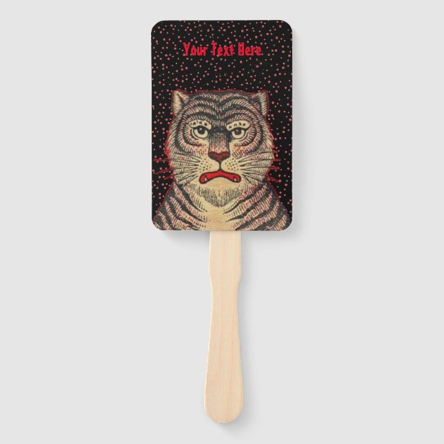 Tiger Head Fierce Face Red Accents Dots on Black Hand Fan (Front)