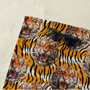 Tiger Head On Tiger Skin Animal Print Design  Beach Towel